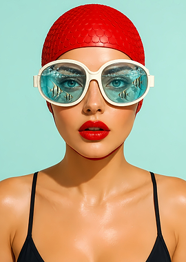 Woman in Swim Cap and Goggles with Fish Reflection