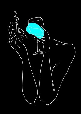 Woman with Wine and Cigarette Line Art