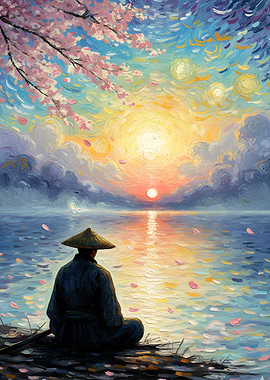 Samurai Meditating by Cherry Blossoms