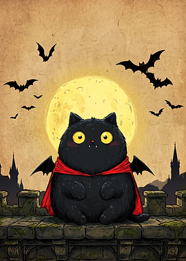 Cute Black Cat Vampire with Bats
