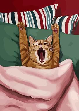 Cat Yawning in Bed