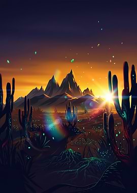 Desert Sunset with Cacti and Mountains