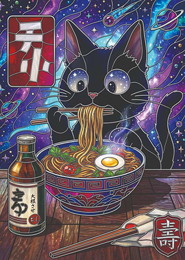 Black Cat Eating Ramen in Space