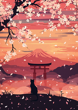 Cat Watching Cherry Blossoms Fall