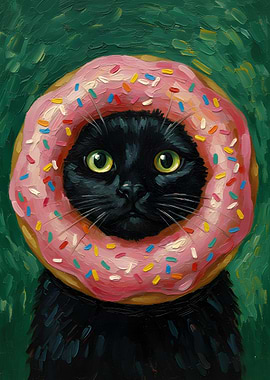 Black Cat with Donut on Head