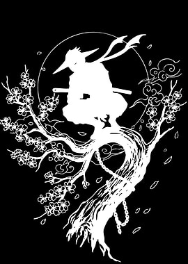 Samurai Silhouette on Cherry Blossom Tree