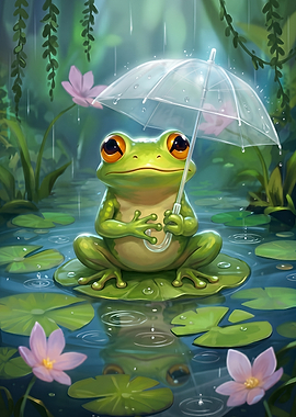 Frog with Umbrella in the Rain and hanging vines overhead