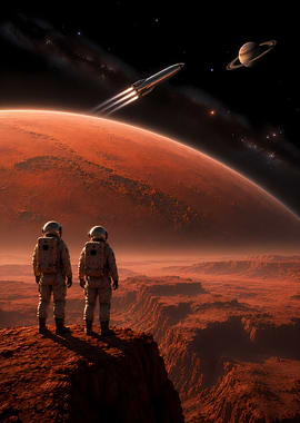 Astronauts on Mars overlooking a canyon