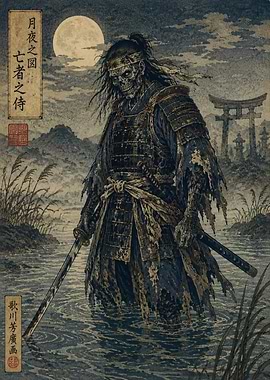 Undead Samurai in Moonlit Water
