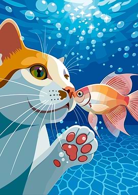Cat and Goldfish Underwater
