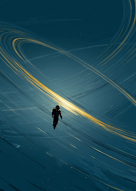 Astronaut floating in space with glowing rings
