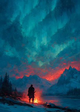 Lone figure by campfire under aurora