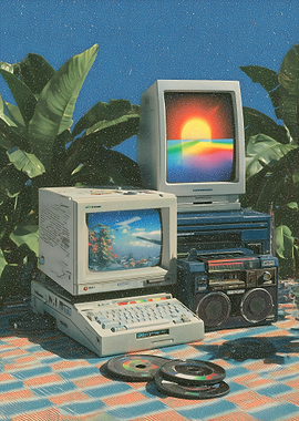 Retro Tech and Nature Collage