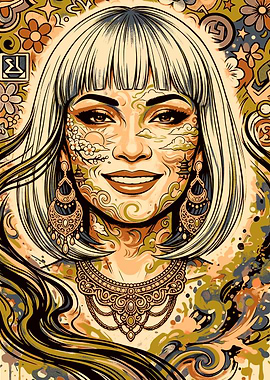 Stylized Portrait with Floral and Landscape Elements