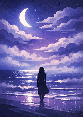 Woman on beach under crescent moon