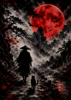 Samurai and Cat Under Red Moon