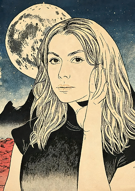 Woman in front of moon and mountains