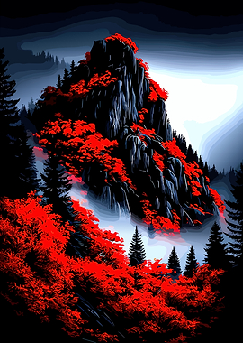 Misty Mountain with Red Foliage