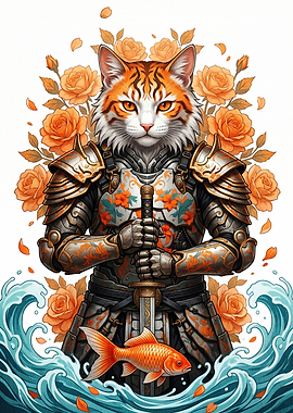 Samurai Cat Warrior with Koi and Roses