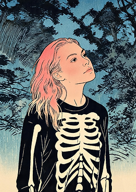Woman in Skeleton Shirt in Forest