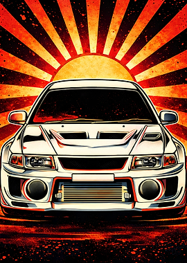 White Sports Car with Japanese Sun Background