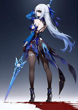 Anime Girl with Blue Sword and Blood