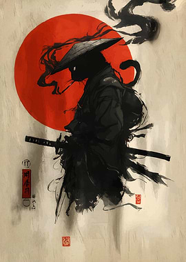 Samurai Cat with Katana and Red Sun
