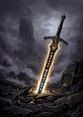 Glowing Rune Sword in Ruined Landscape