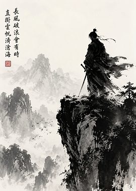 Samurai Overlooking Misty Mountains