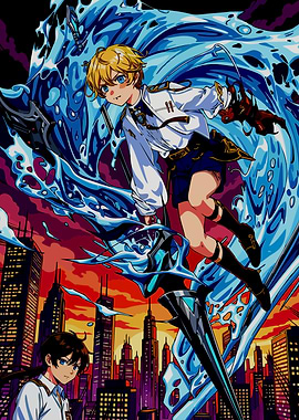 Anime characters in a city with water effects