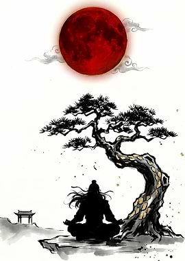 Meditating figure under a red moon