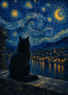 Black Cat Gazing at Starry Night Cityscape