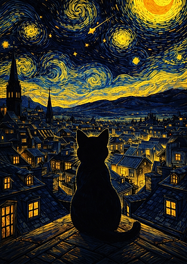 Black Cat on Rooftop Under Starry Night