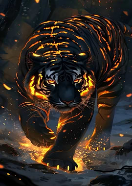 Fiery Tiger Walking Through Smoke
