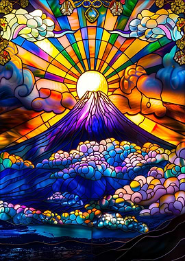 Stained Glass Mount Fuji Sunrise