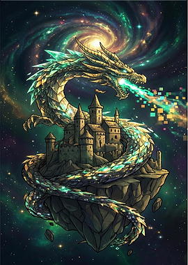 Cosmic Dragon Over Floating Castle
