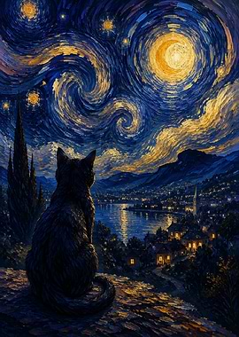 Black Cat Gazing at Starry Night Cityscape