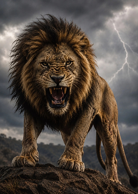 Fierce Lion Roaring in Stormy Sky