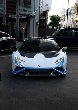 White and Blue Lamborghini STO in London