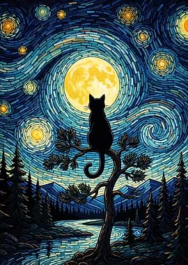 Black Cat Under Starry Night Moon