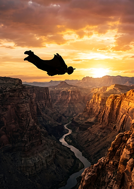 Wingsuit flyer over Grand Canyon at sunset