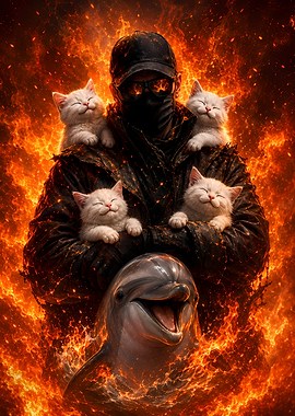 Man with Kittens and Dolphin in Fire