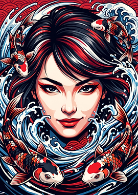 Japanese Koi Fish and Empress Graphic Art