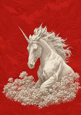 White Unicorn in Red Floral Background