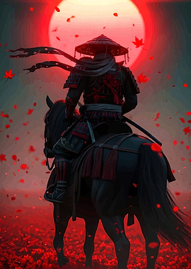 Samurai on Horseback Under Red Moon