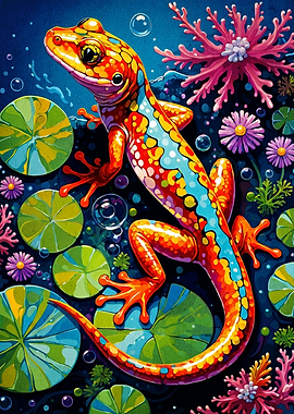Vibrant Salamander on Lily Pads