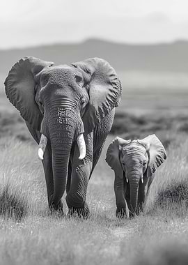 Mother and baby elephant walking