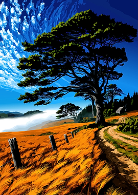 Vibrant Landscape with Lone Tree and Fog