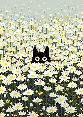 Black cat in a field of daisies