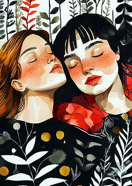 Two women embracing with floral background